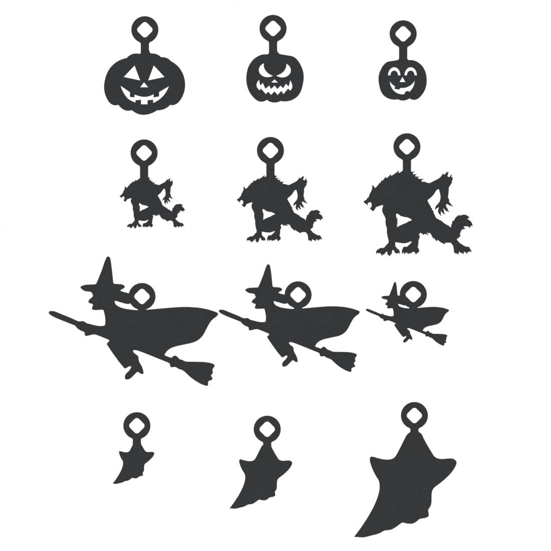 A collection of Halloween-themed steel targets, including pumpkins, werewolves, witches, and ghosts. The targets are displayed in multiple sizes with loop hangers on top.